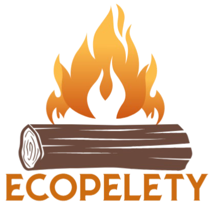 Logo showing a stylized orange campfire above a brown log, with the word ECOPELETY in orange text.