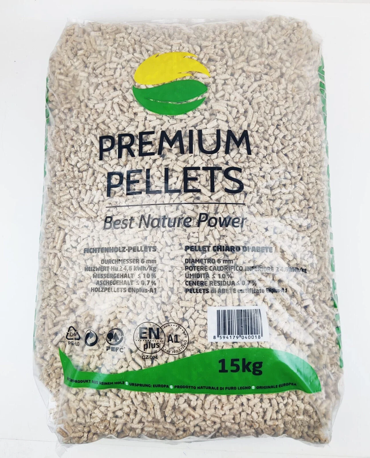 1-4 - ECOPELETY Bag of Premium Pellets with green-yellow logo, labeled "Premium Pellets" and "Best Nature Power" (15 kg). Used for heating fuel.
