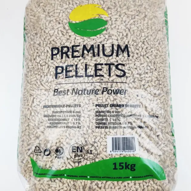 Bag of premium wood pellets labeled 'Premium Pellets' with green-yellow logo; 15 kg bag intended for burning/fuel.