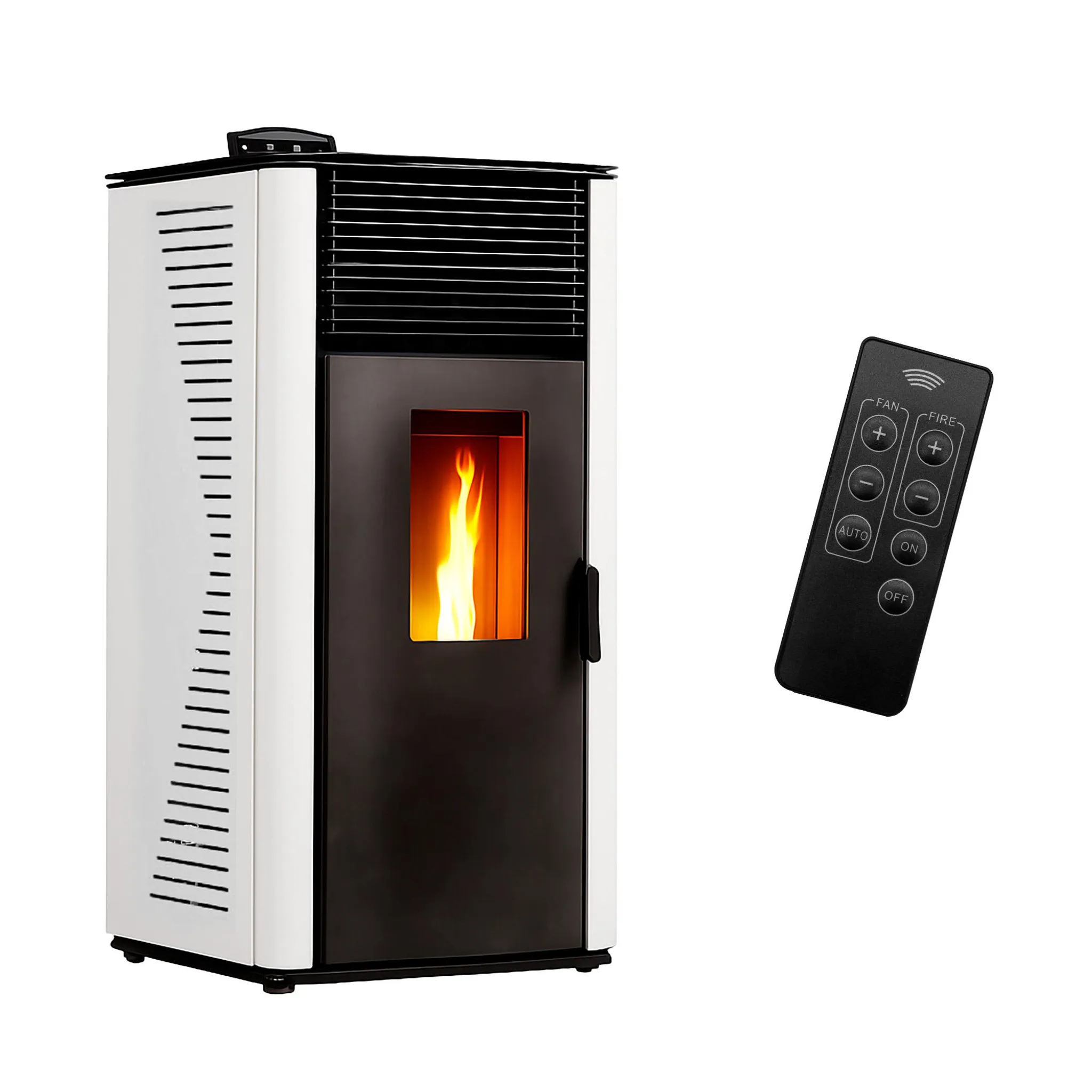 1-5 - ECOPELETY Pellet stove with glass door showing orange flame and a remote control nearby, indicating heating unit control.