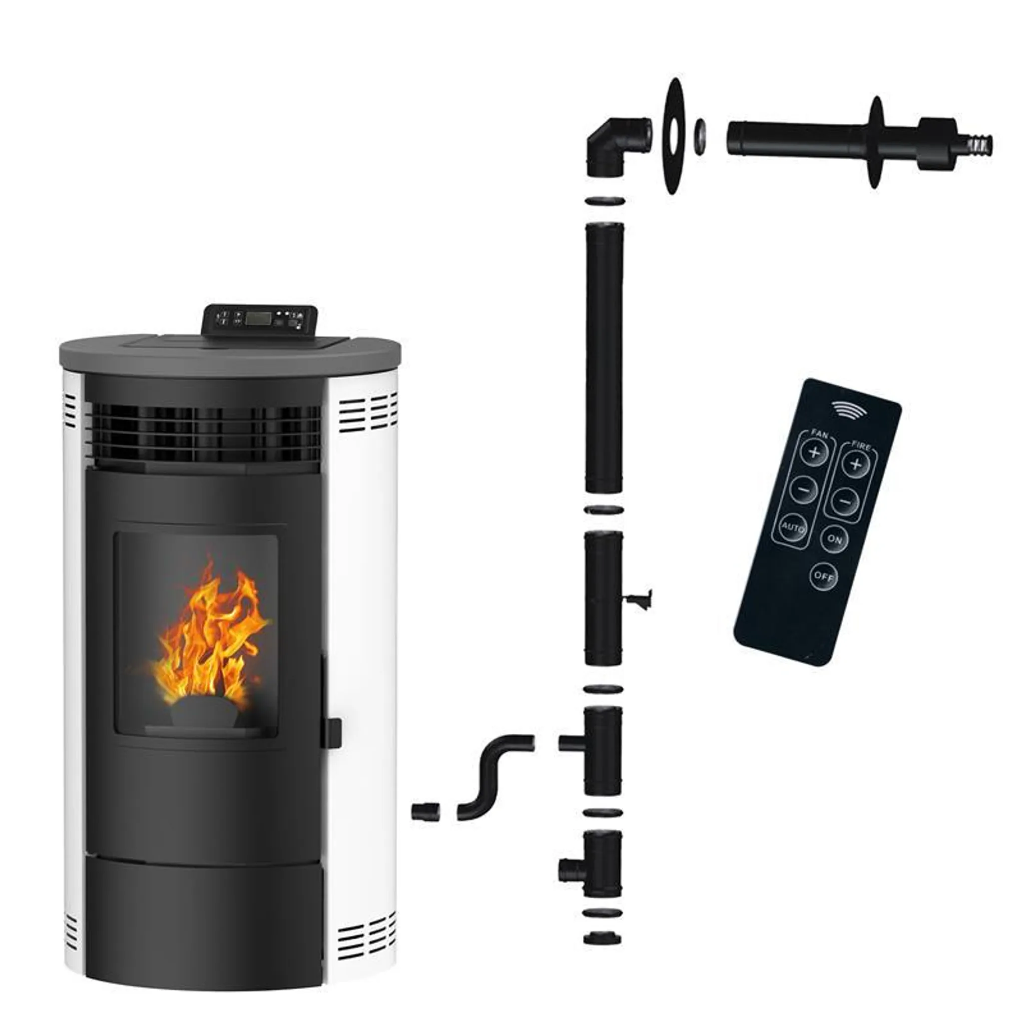 1-6 1 - ECOPELETY Exploded view of a pellet stove showing the unit, flue pipe, seals, and a handheld remote control.