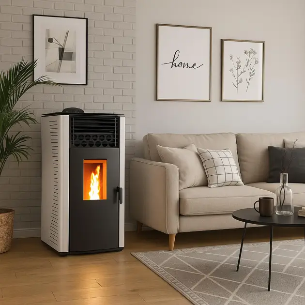 Modern living room corner featuring a tall white and black heater with a fire, next to a beige sofa and three framed prints on the wall (one with the word 'home'). The space also includes a plant and a glass-topped table with cups.