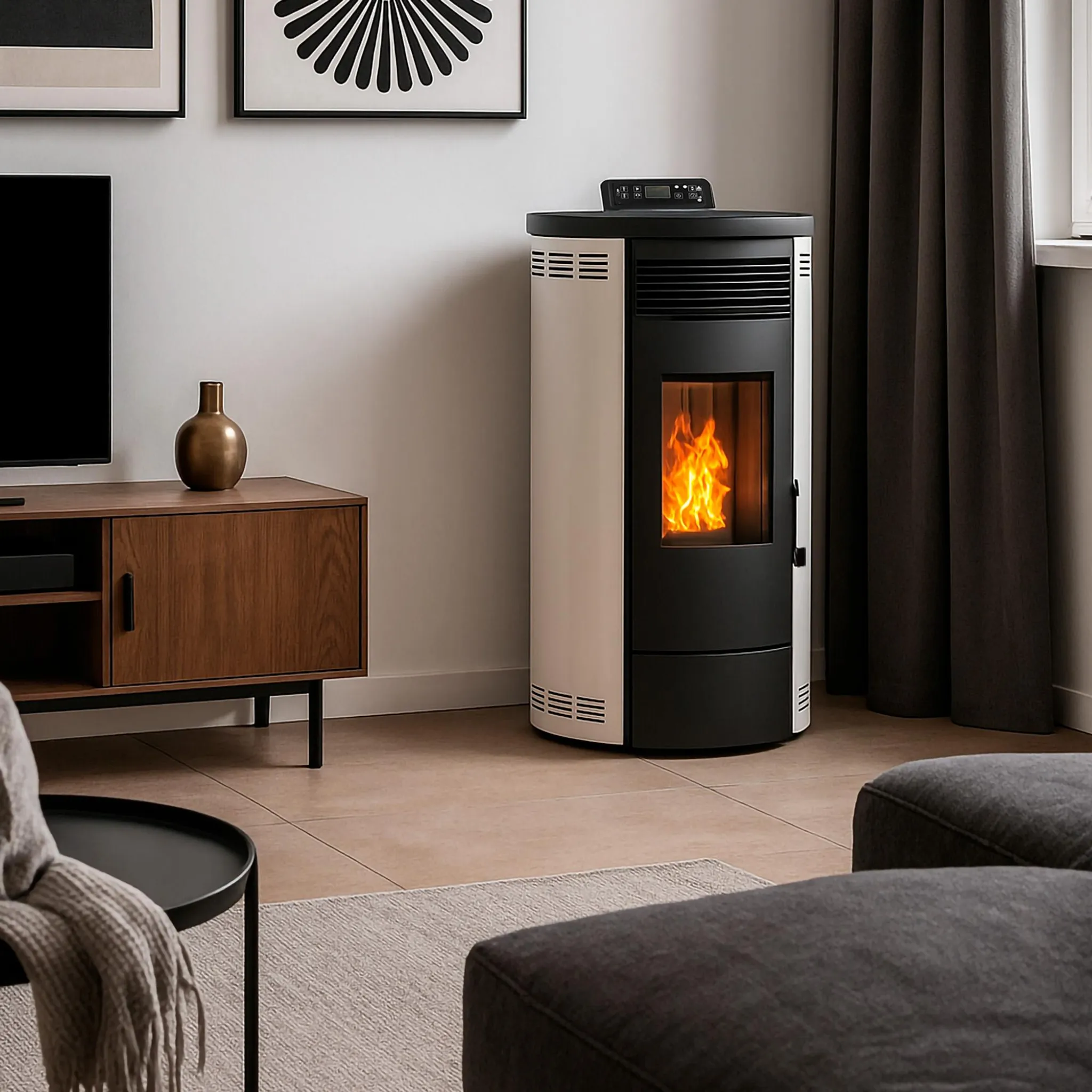 3-1 - ECOPELETY Modern living room showing a tall black-and-white stove with a glowing fire, next to a wooden cabinet and dark curtains.