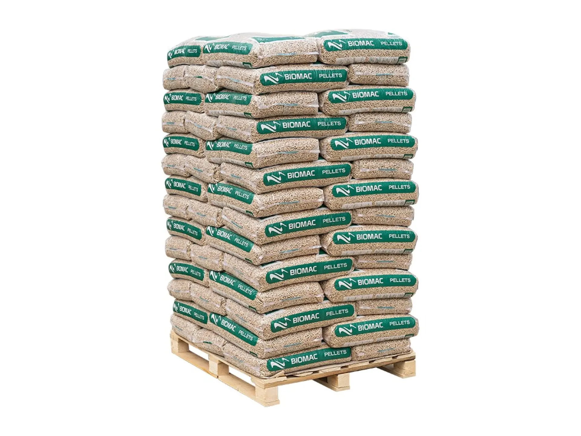 8897_6MM CLASSIC A1 PALETA - ECOPELETY Stack of beige bags labeled Biomac Pellets stacked on a wooden pallet for storage or transport
