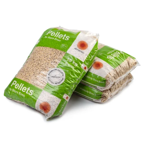Design_sans_titre_33 - ECOPELETY Two bags of wood pellets in green and white packaging labeled 'Pellets', stacked on a white background.