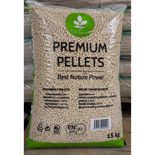 Design_sans_titre_35 - ECOPELETY 15 kg bag of wood pellets for heating, transparent bag with beige pellets and 'Premium Pellets' label.