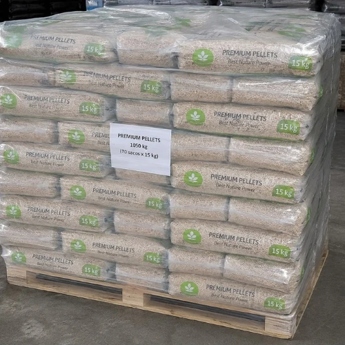 Design_sans_titre_36 - ECOPELETY Stacked, wrapped pallets of 15 kg premium wood pellets, ready for shipment (labels read Premium Pellets).