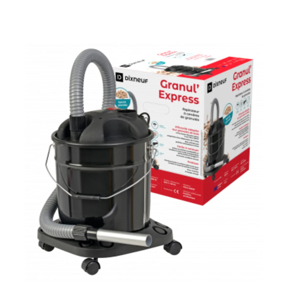 Designsanstitre_33 - ECOPELETY Black canister vacuum on a wheeled base with a gray flexible hose, shown with its Granul' Express packaging.