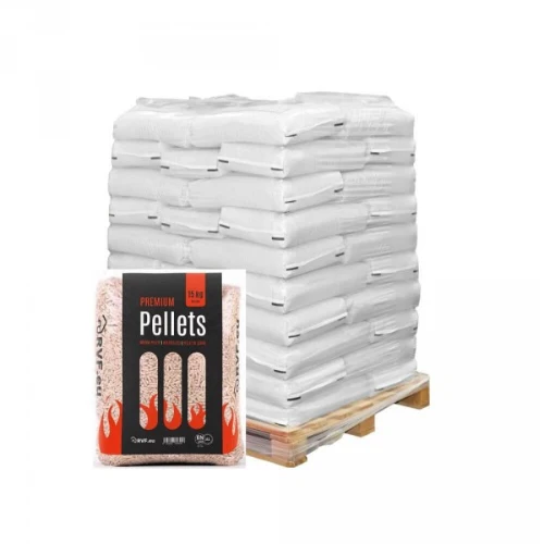 Stack of white bags on a wooden pallet beside a bag of premium wood pellets labeled 'Pellets' (15 kg)