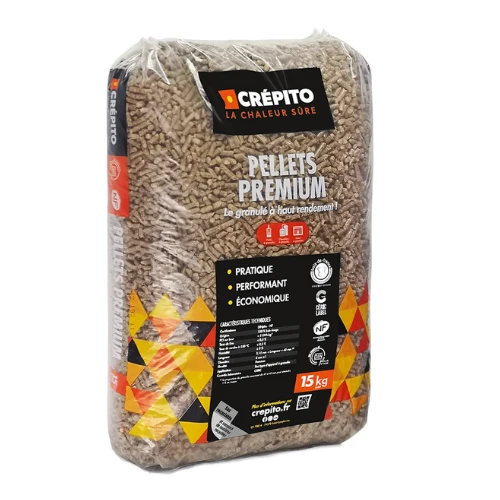 Bag of Crépito Pellets Premium wood pellets for heating, 15 kg, in clear plastic packaging with label details visible