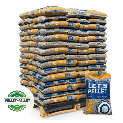 Stack of wood pellet bags on a pallet, with a single 'Let's Pellet' bag in front right.