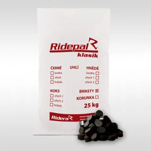 White bag labeled 'Ridepal klasik' with red text and checkboxes, standing next to a small pile of black coal briquettes (25 kg).