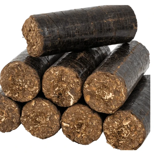 Stack of cylindrical charcoal briquettes arranged in a pyramid, ready for grilling.
