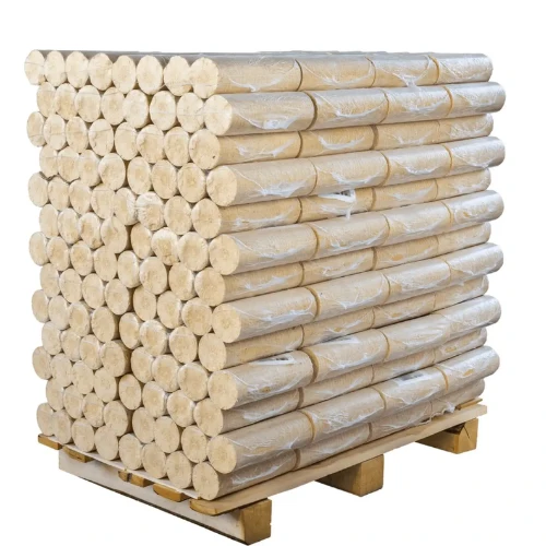 Pallet of bundled light-colored wooden logs stacked in rows, wrapped in plastic wrap.