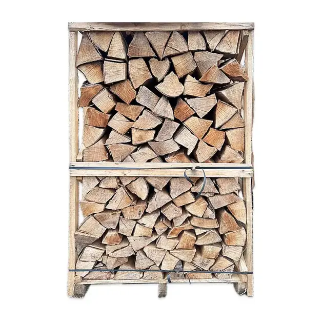 Two-tier wooden firewood rack filled with neatly stacked split logs