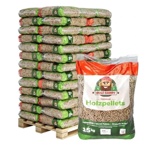 Stack of stacked wood pellet bags on a pallet with a large Holzpellets 15 kg bag in the foreground, ready for shipment.