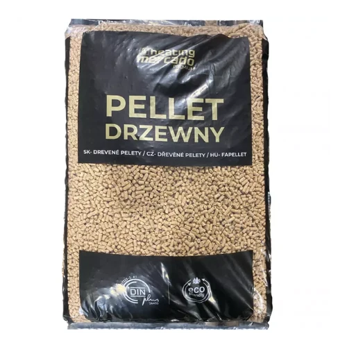 Bag of wood pellets for heating, labeled 'PELLET DRZEWNY' with beige pellets visible through clear plastic