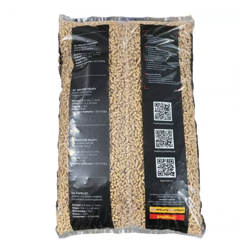 PELLETPLUSS.r.o_17 - ECOPELETY Clear plastic bag filled with beige pellet kibble; back panels show black labels with QR codes and product information.