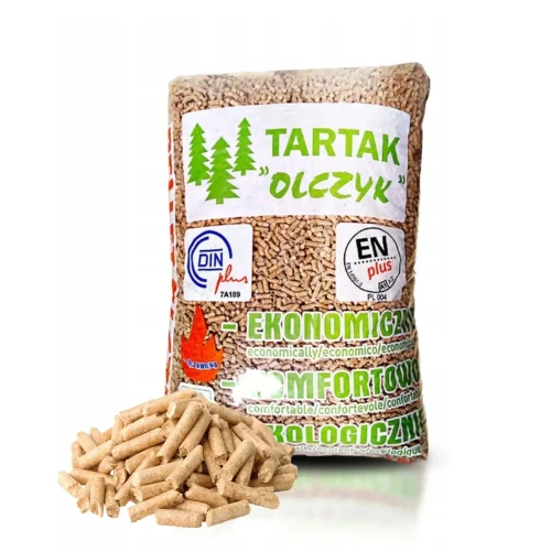Bag of wood fuel pellets with a small pile of light-brown pellets in front and a green-labeled bag showing forest graphics.