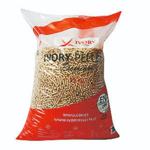 PELLETPLUSS.r.o_21 - ECOPELETY Red and white bag labeled 'Ivory Pellets' filled with small wood pellets for heating