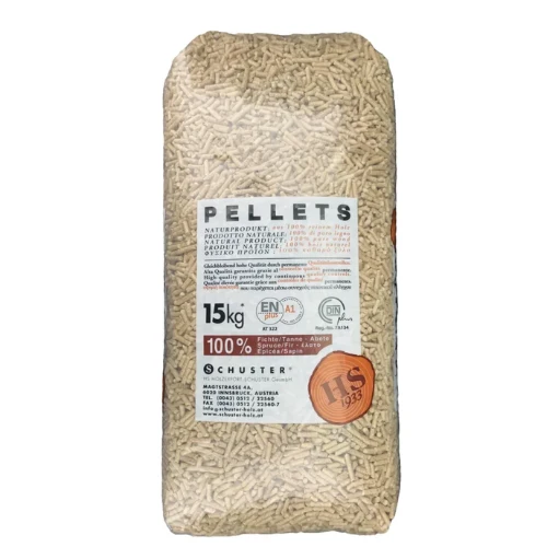 15 kg bag of wood pellets for heating, label and orange seal visible on the bag.