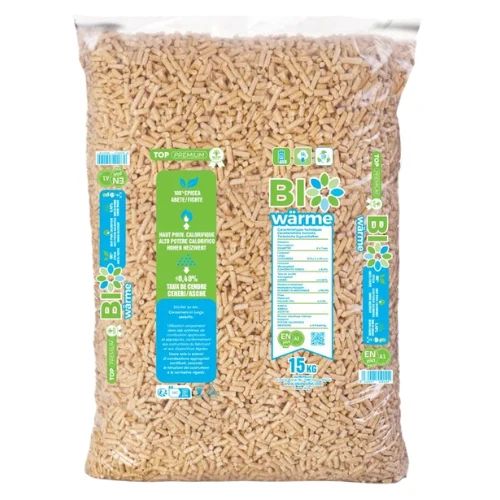 PELLETPLUSS.r.o_7 - ECOPELETY Bag of Bio Wärme wood pellets for heating, 15 kg, with blue and green labeling visible through the clear bag