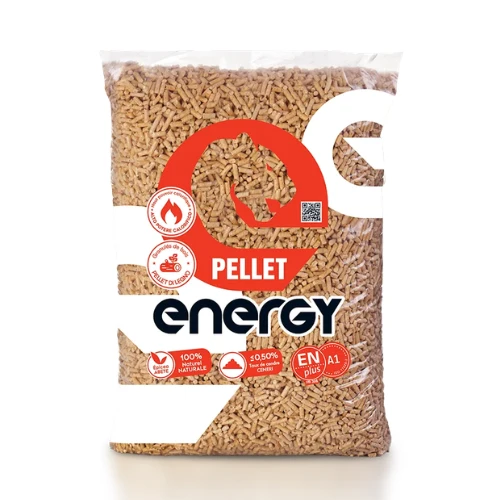 Bag of wood/pellet fuel with red 'PELLET' label and 'Energy' branding on a white background
