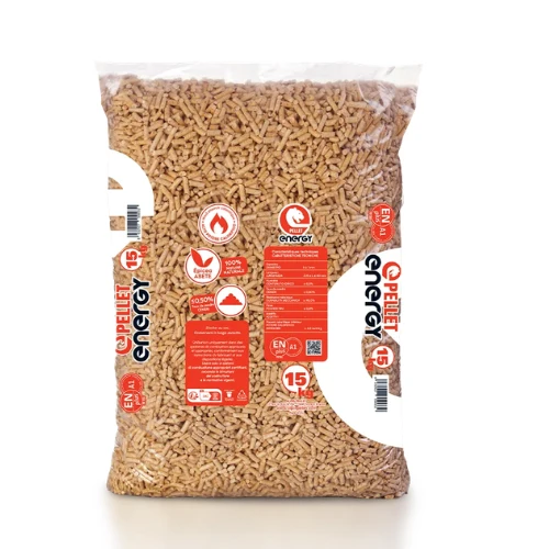 PELLETPLUSS.r.o_9 - ECOPELETY Bag of wood pellets for heating with red EN Energy branding and 15 kg capacity visible on the label