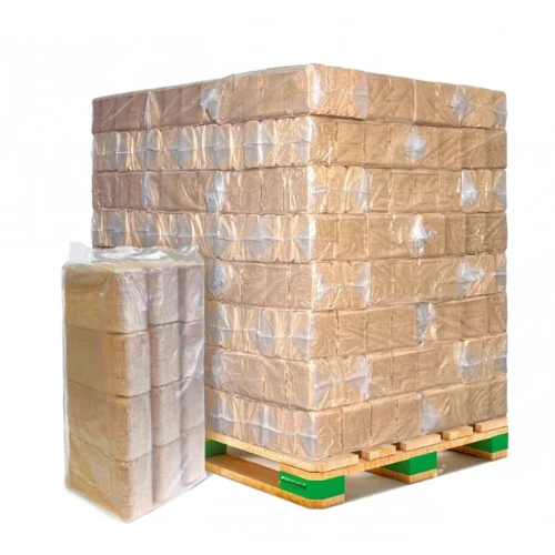 Stack of brown, shrink-wrapped boxes on two wooden pallets ready for shipment on a white background.