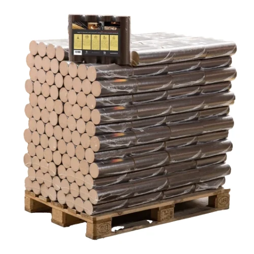 Pallet of stacked wooden dowels wrapped in plastic on a wooden pallet in a warehouse environment.