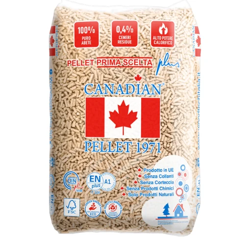Bag of Canadian Pellet 1971 wood pellets, with Canadian flag and red label icons visible on the front.