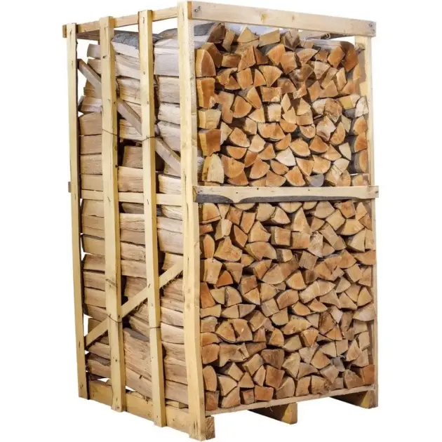 Stack of split firewood neatly stacked on a wooden rack/pallet for storage.