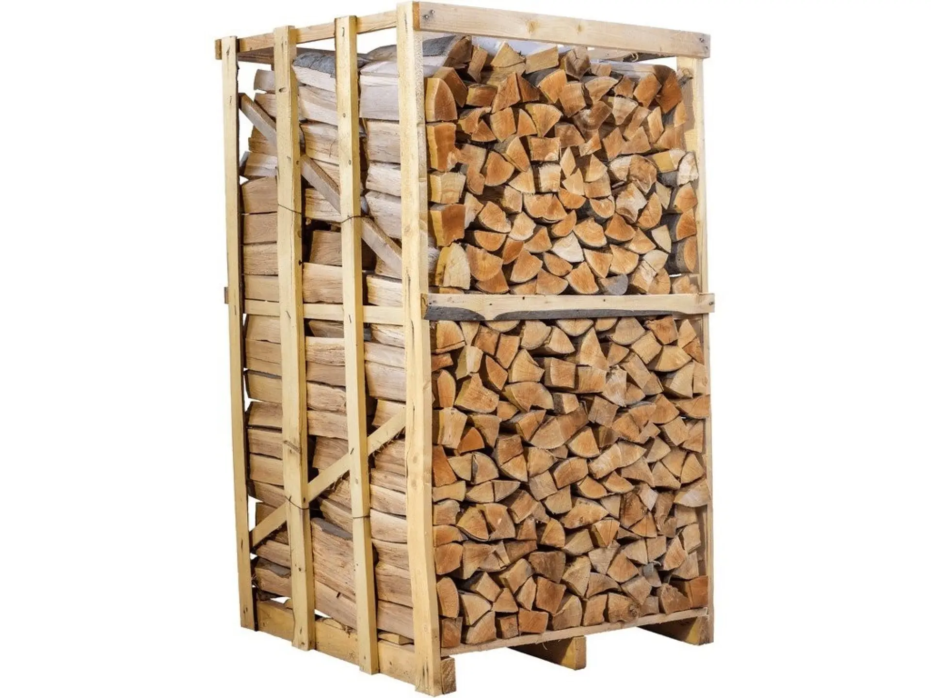 a-2 - ECOPELETY Stack of split firewood neatly stacked on a wooden rack/pallet for storage.